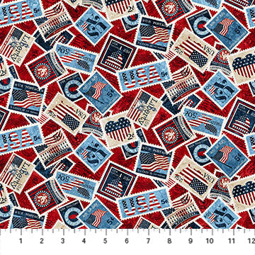 Stonehenge Stars & Stripes Stamps Red Deborah Edwards Northcott Cotton Fabric