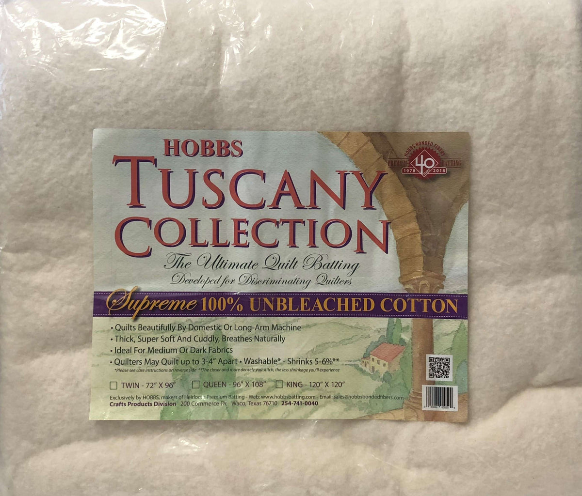 Hobbs Tuscany Supreme 100% Unbleached Natural Cotton Batting King 120in x 120in