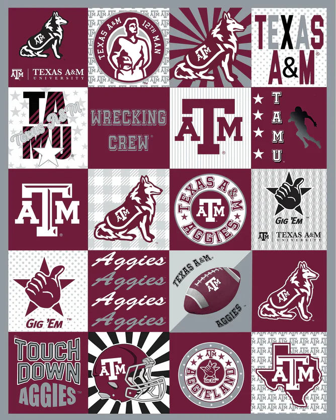 Texas A&M NCAA Collegiate T-Shirt Panel 60" Sykel Polyester Minky Fabric TAM-1362