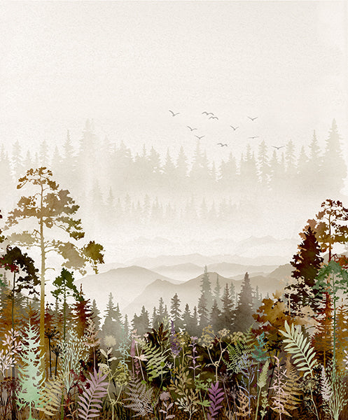 Tree Line Focal Nature Scenery Autumn Beige Hoffman Fabric Cotton Fabric