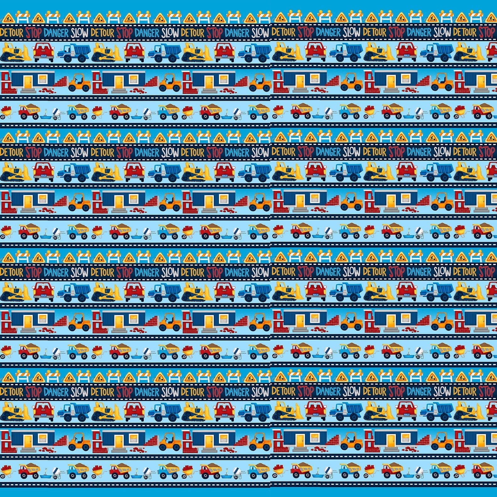 Under Construction Border Stripe Cyan Blue Dana Saulnier Studio E Cotton Fabric