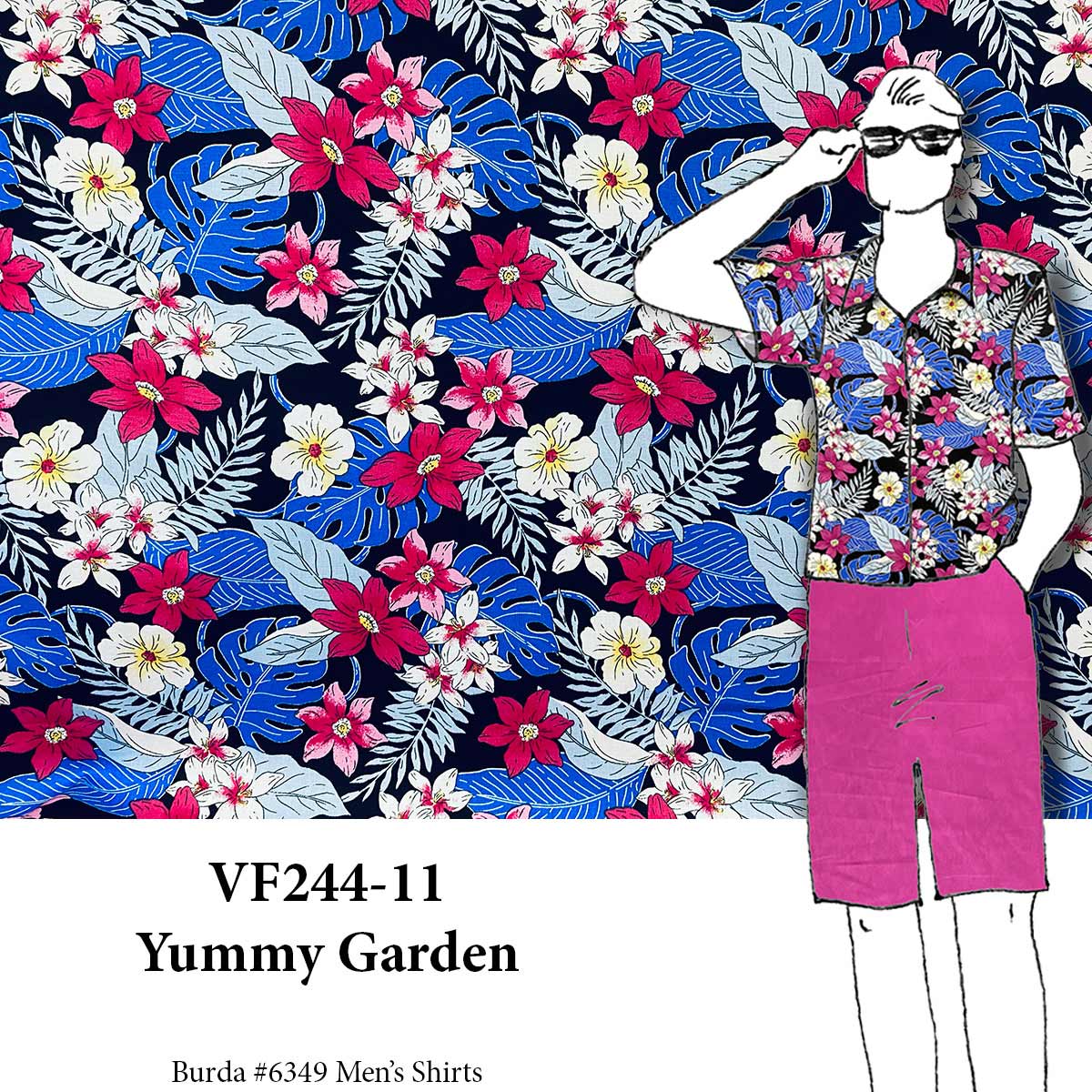 VF244-11 Yummy Garden - Cerise and Blue Stretch Cotton Fabric