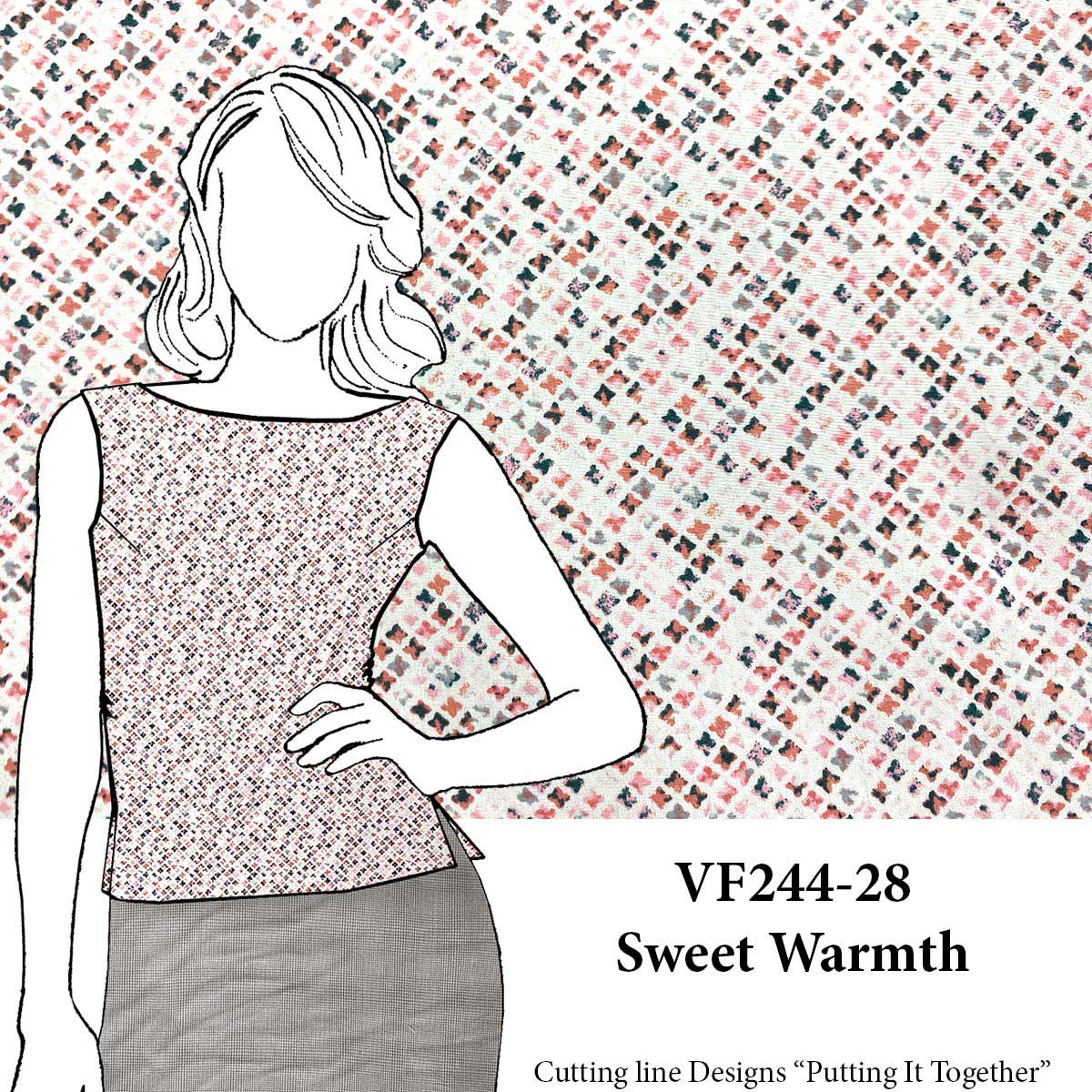 VF244-28 Sweet Warmth - Berry and Grey Tiny Quatrefoil Design on Cream Rayon Challis Fabric