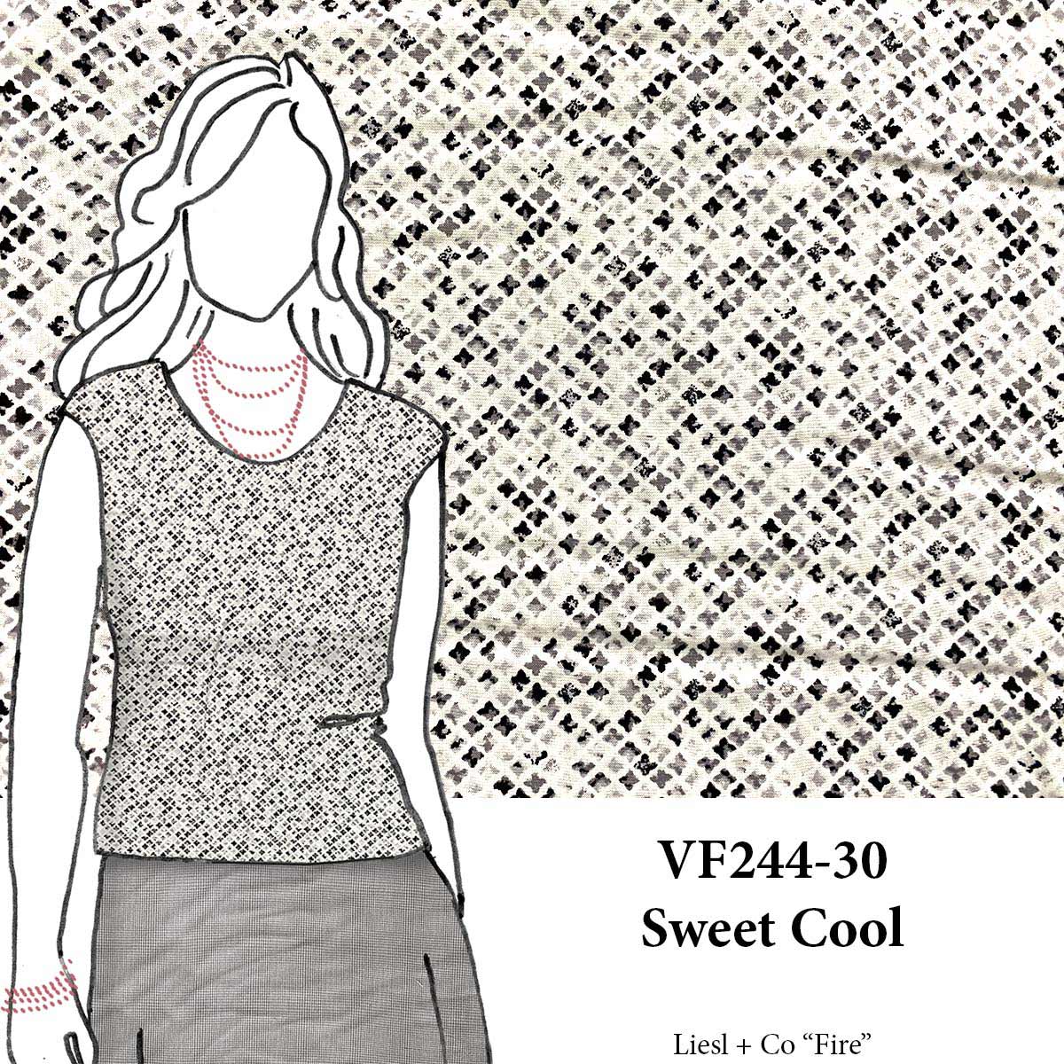 VF244-30 Sweet Cool - Black and Grey Tiny Quatrefoil Design on White Rayon Challis Fabric