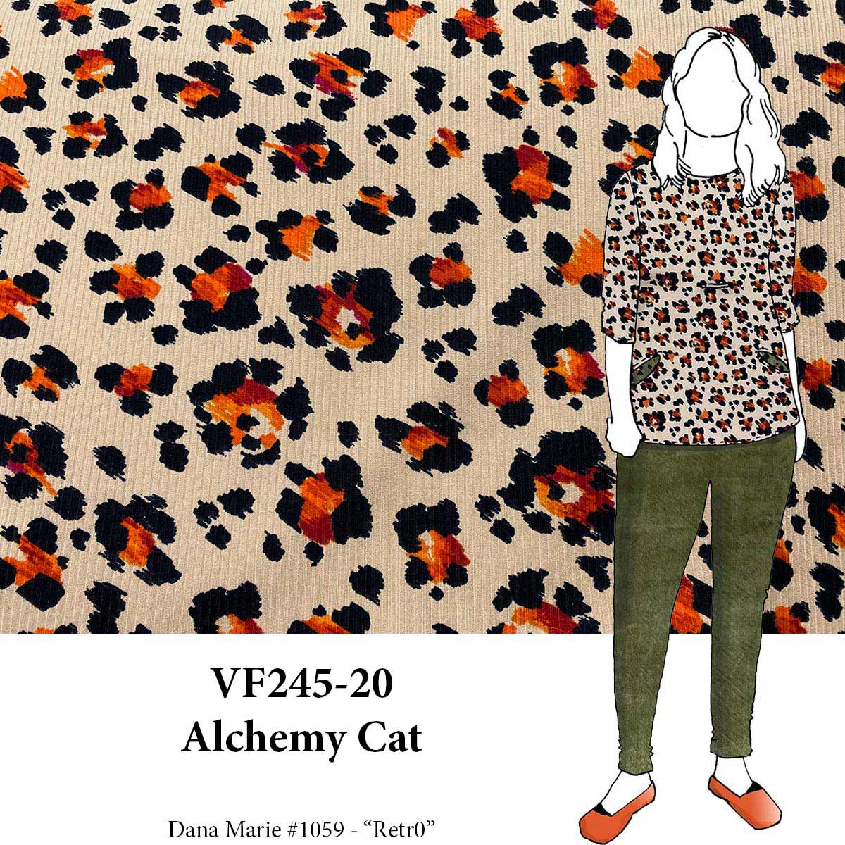 VF245-20 Alchemy Cat - Orange on Beige Ribbed Knit Fabric