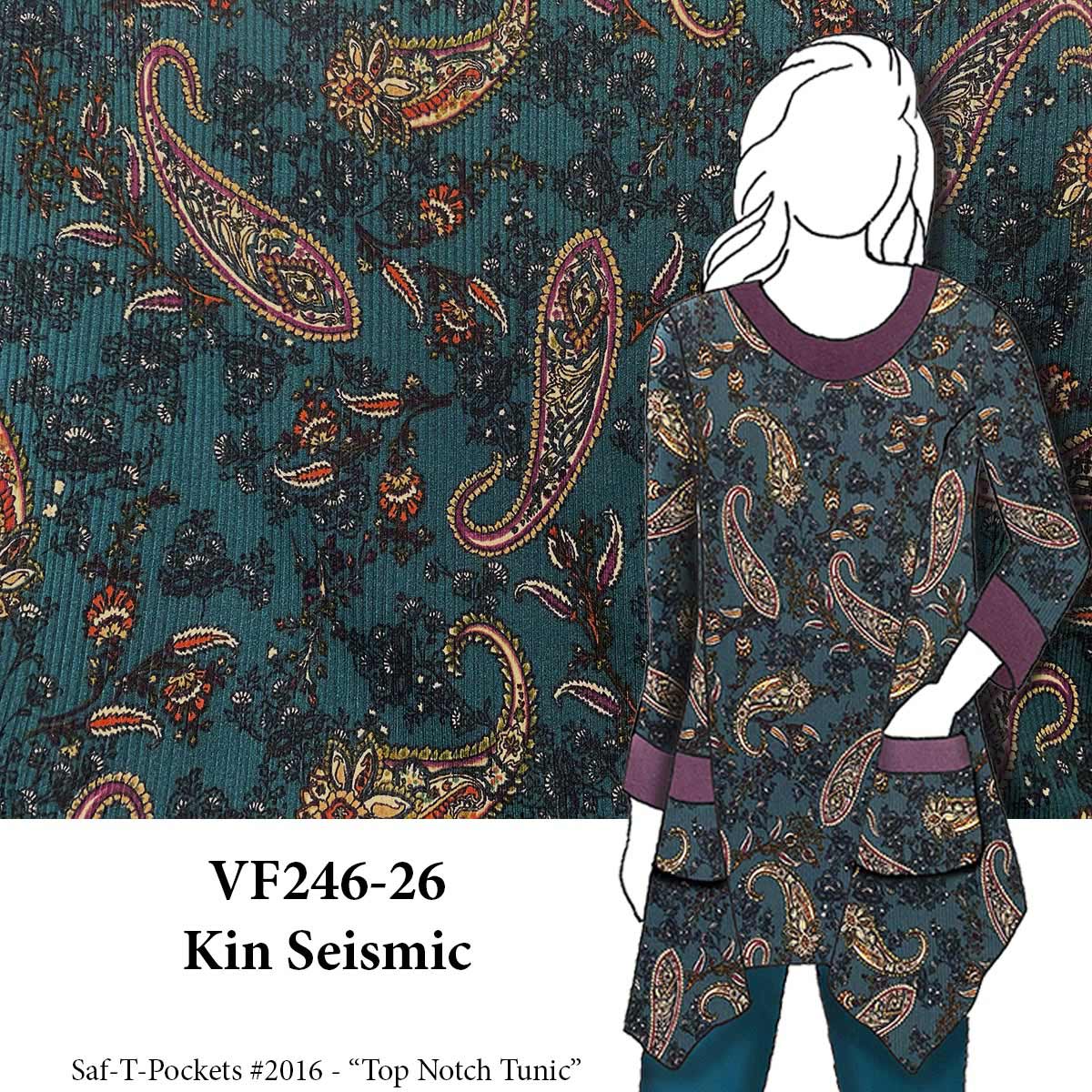 VF246-26 Kin Seismic - Teal Paisley Lightweight Rib Knit Fabric