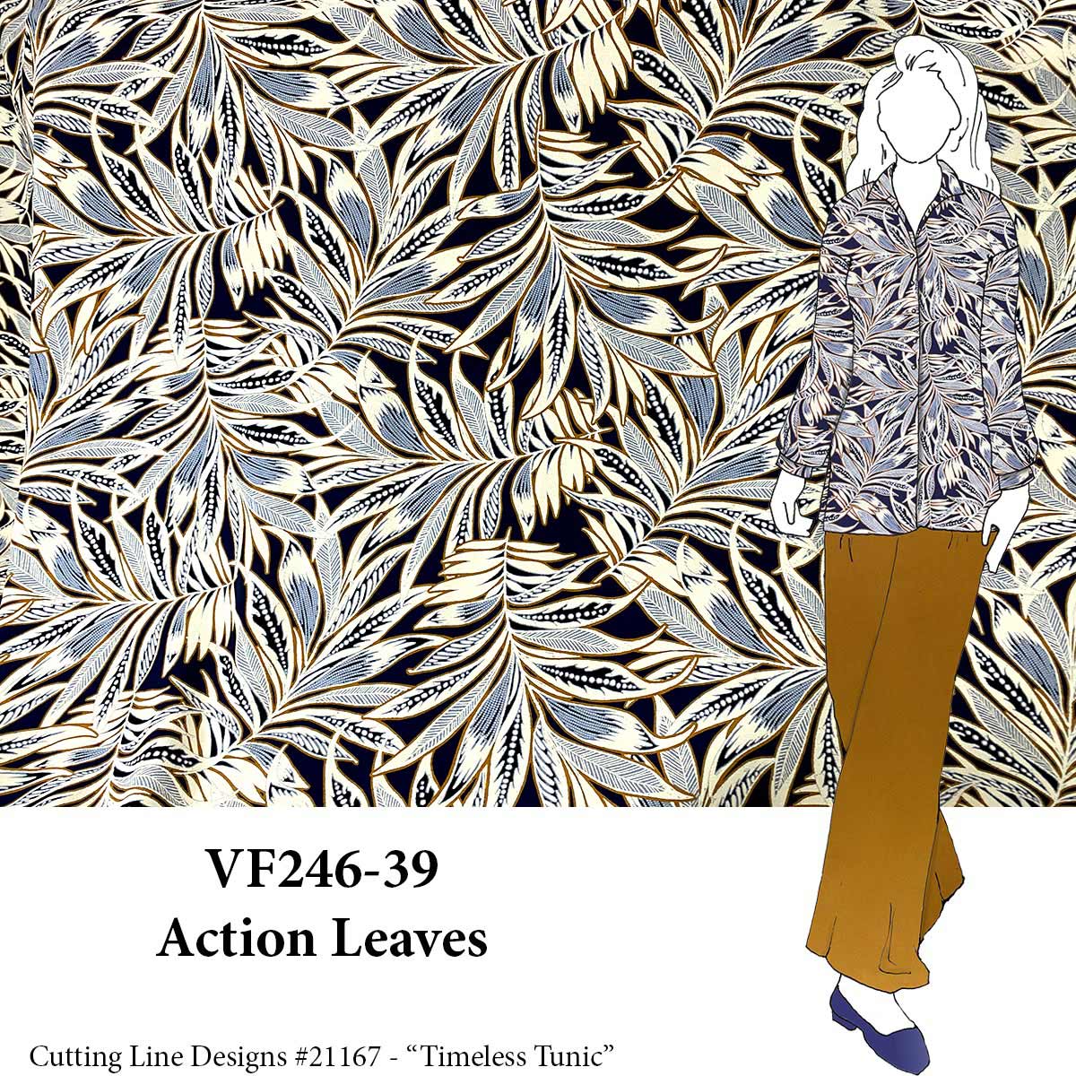 VF246-39 Action Leaves - Navy + Gold + Cream Rayon Crepeon Fabric