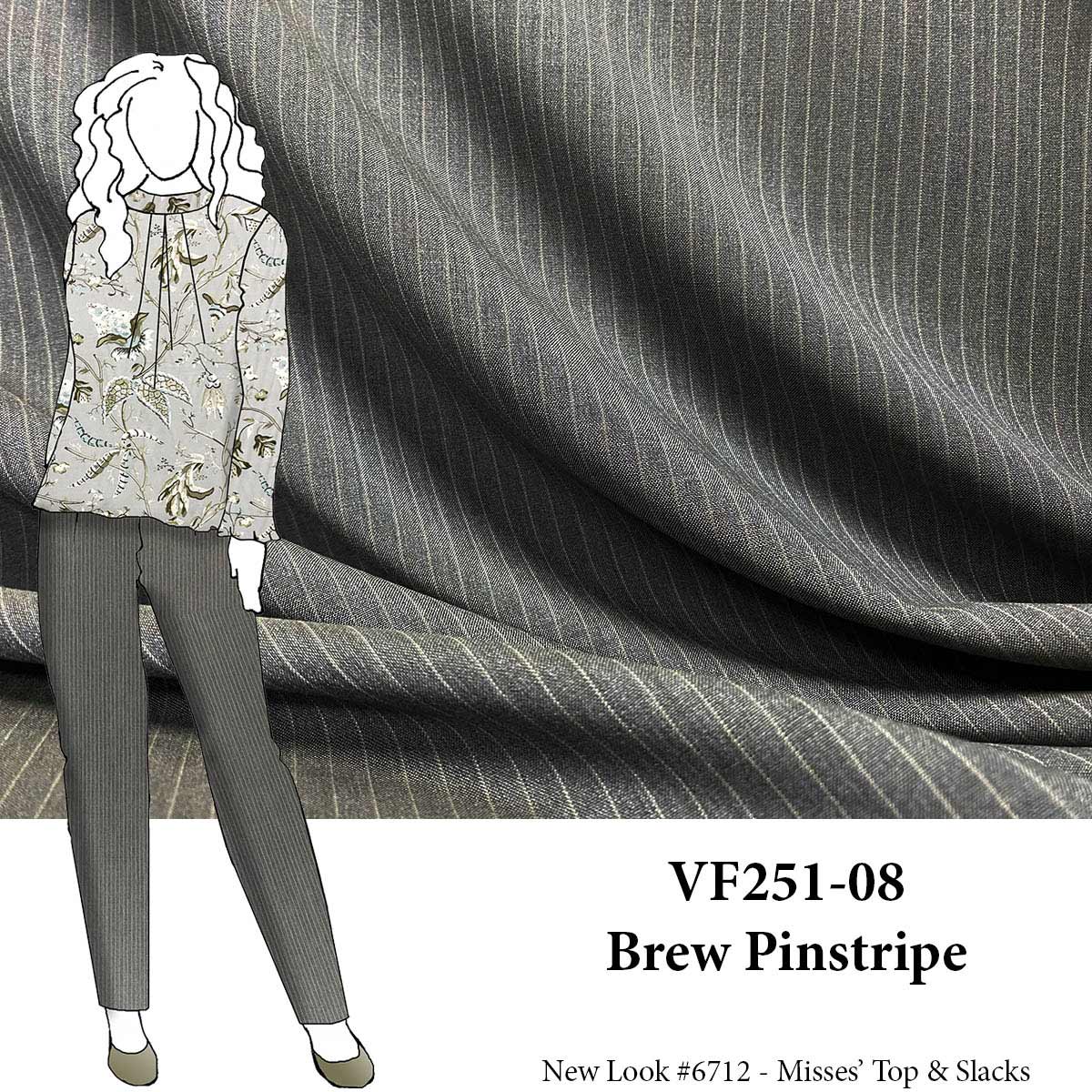 VF251-08 Brew Pinstripe - Gray Worsted Wool Suiting Fabric with Ivory Pinstripes