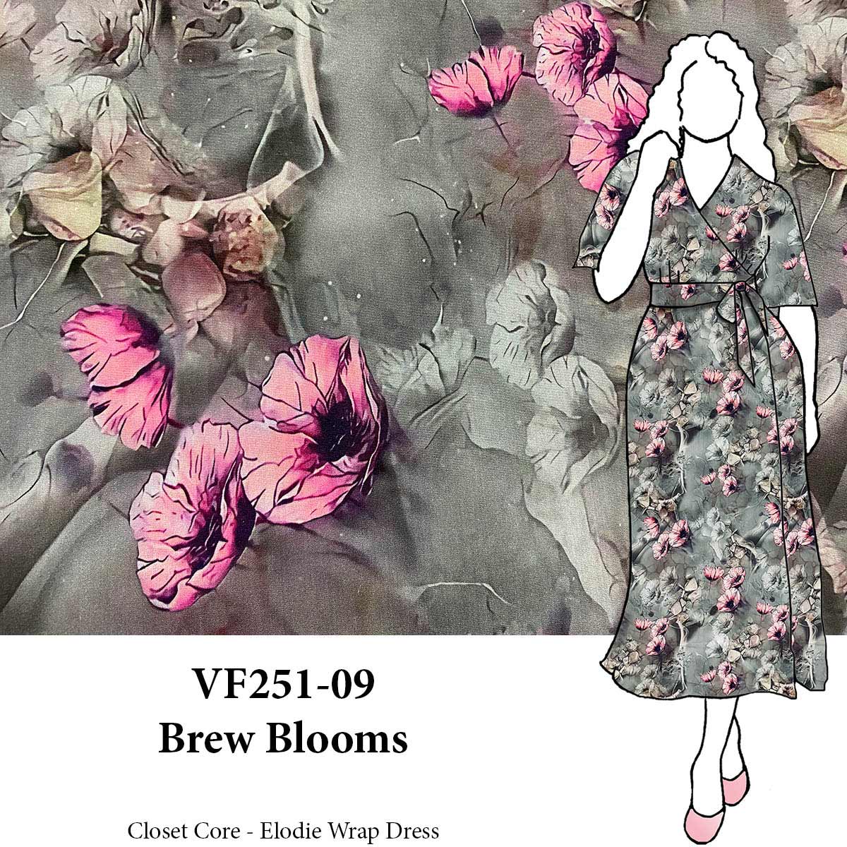 VF251-09 Brew Blooms - Dynamic Fuchsia and Gray Floral Print on Rayon Linen-weave Fabric