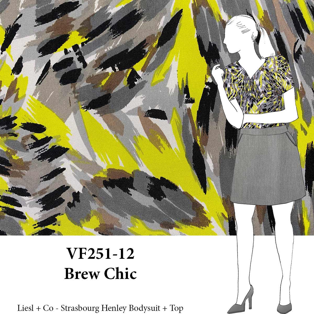 VF251-12 Brew Chic - Gray with Yellow Abstract ITY Knit Print Fabric from Andria Lieu