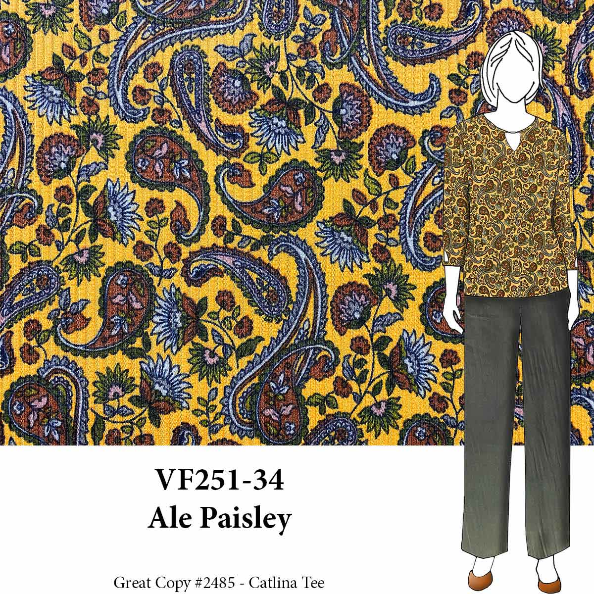 VF251-34 Ale Paisley - Green and Brown Design on Gold Polyester-Spandex Ribbed Knit Fabric