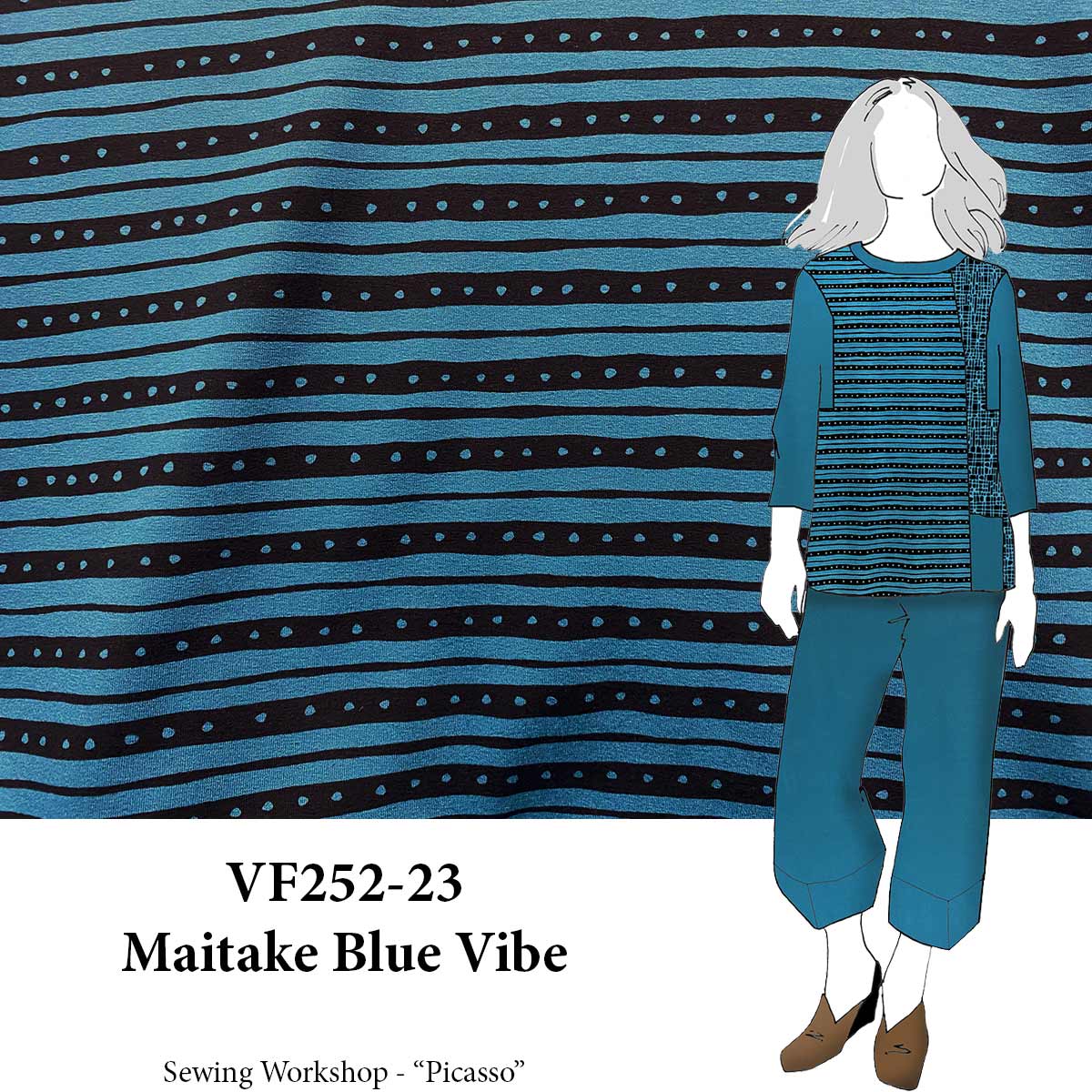 VF252-23 Maitake Blue Vibe - Stripe and Dot Rayon Jersey Knit Fabric