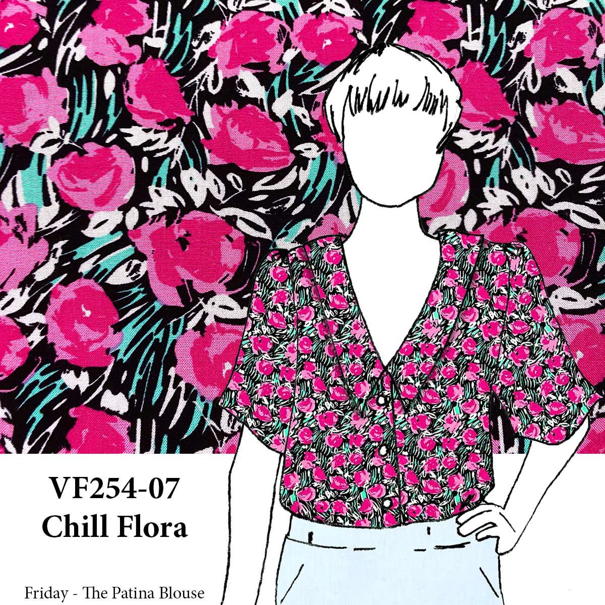 VF254-07 Chill Flora - Fuchsia Floral with White and Aqua Accents on Rayon Challis Fabric