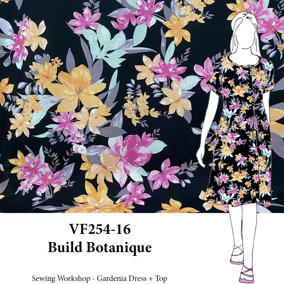 VF254-16 Build Botanique - Raspberry and Peach Floral on Black Rayon Challis Fabric