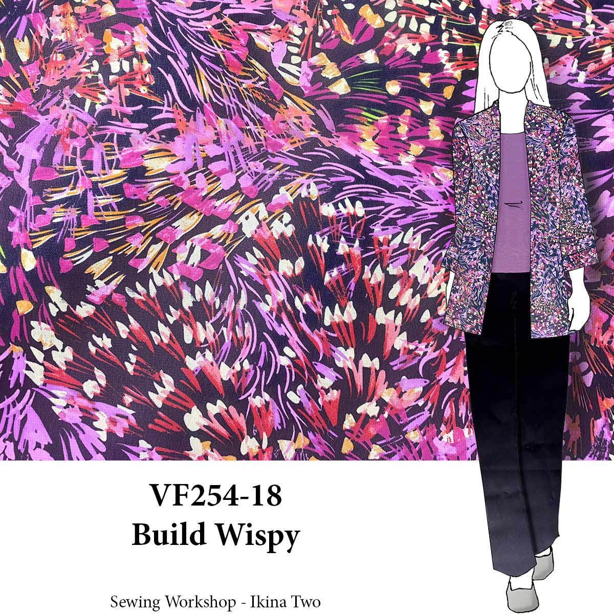 VF254-18 Build Wispy - Raspberry and Peach Delicate Floral on Black Poly Chiffon Fabric