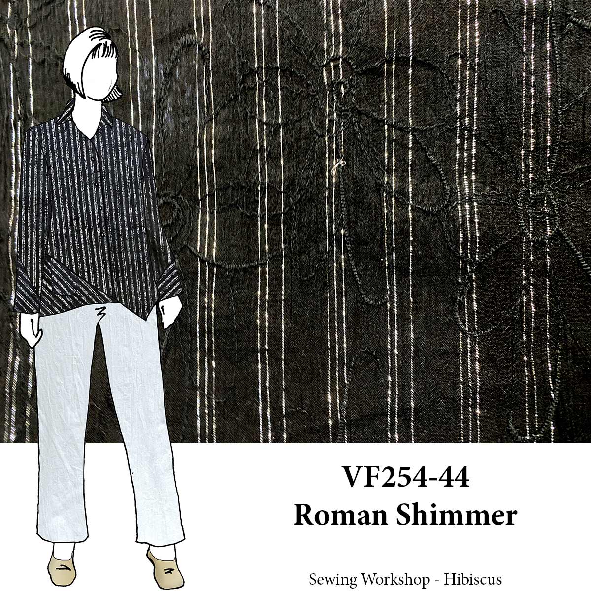 VF254-44 Roman Shimmer - Black Cotton Gauze Fabric With Silver Pinstripes and Embroidery