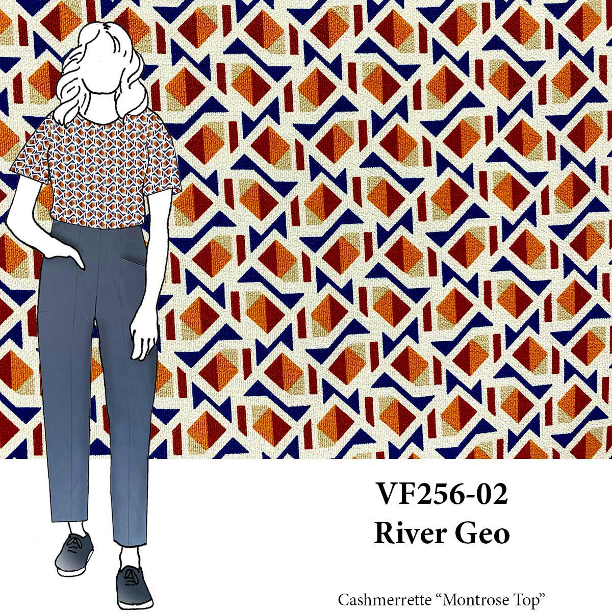 VF256-02 River Geo- Rust and Blue Bubble Crepe Fabric