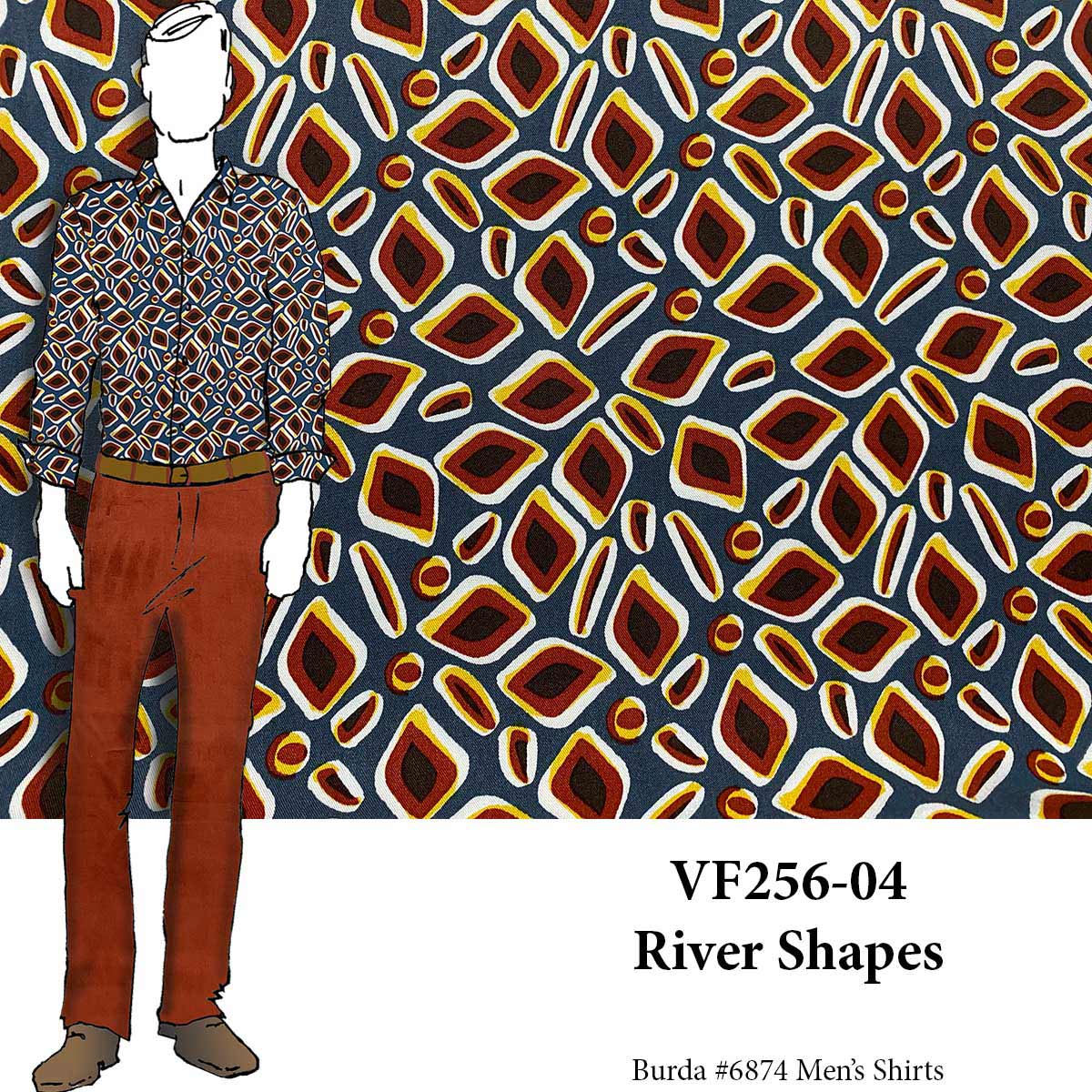 VF256-04 River Shapes - Rust and Steel Rayon Twill Fabric
