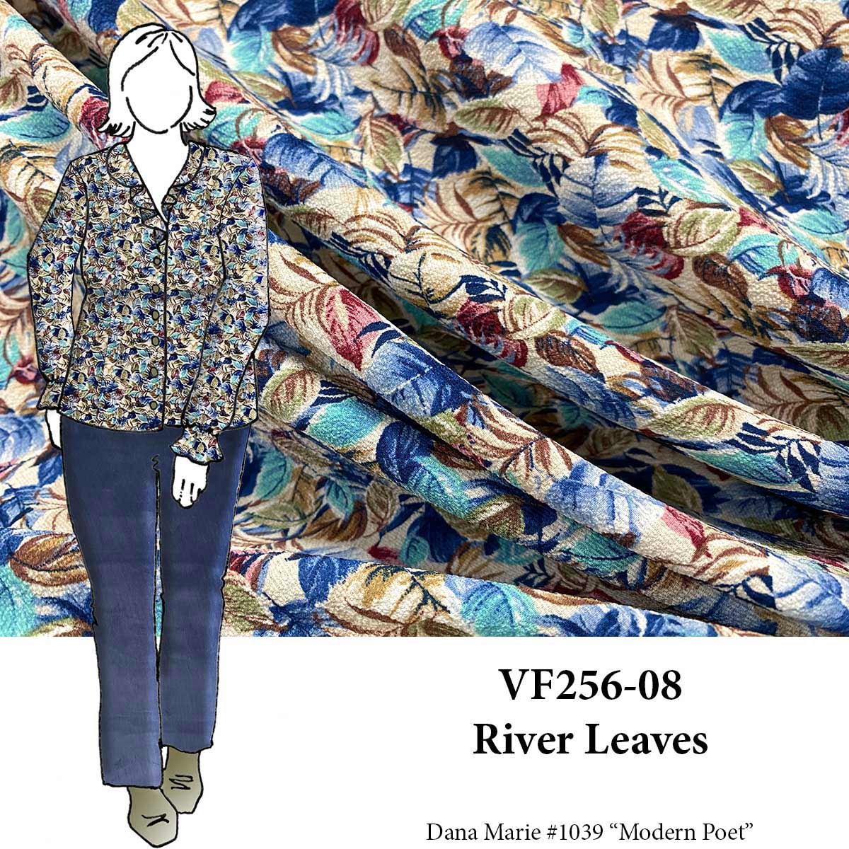 VF256-08 River Leaves - Blue and Cranberry Bubble Crepe Fabric