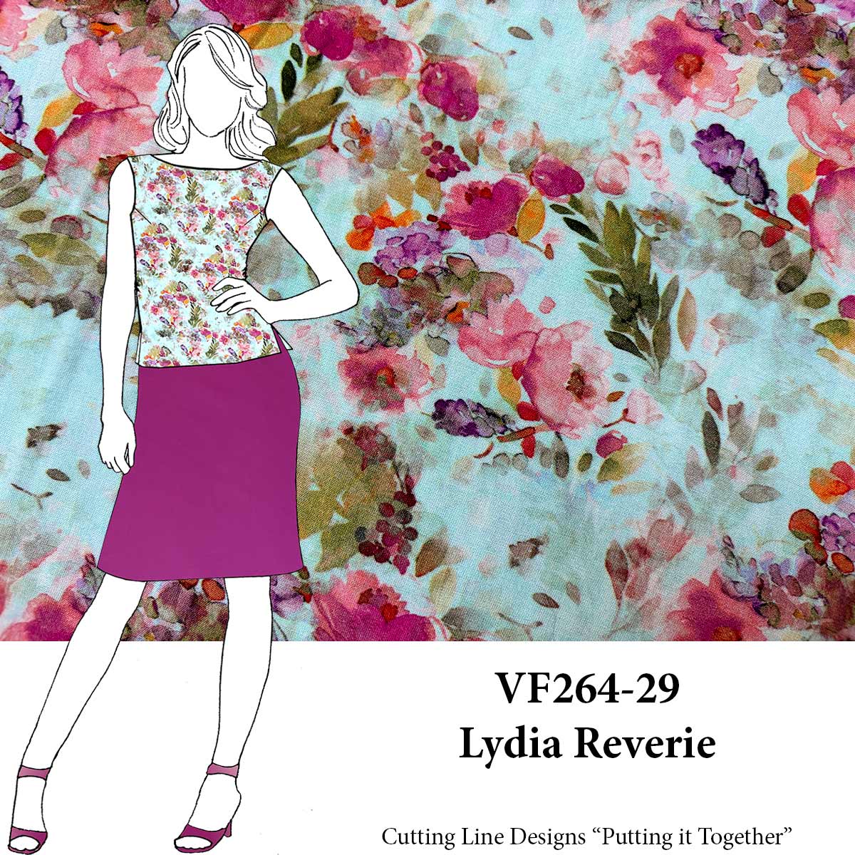 VF264-29 Lydia Reverie - Floral Print on Blue Rayon Challis Fabric