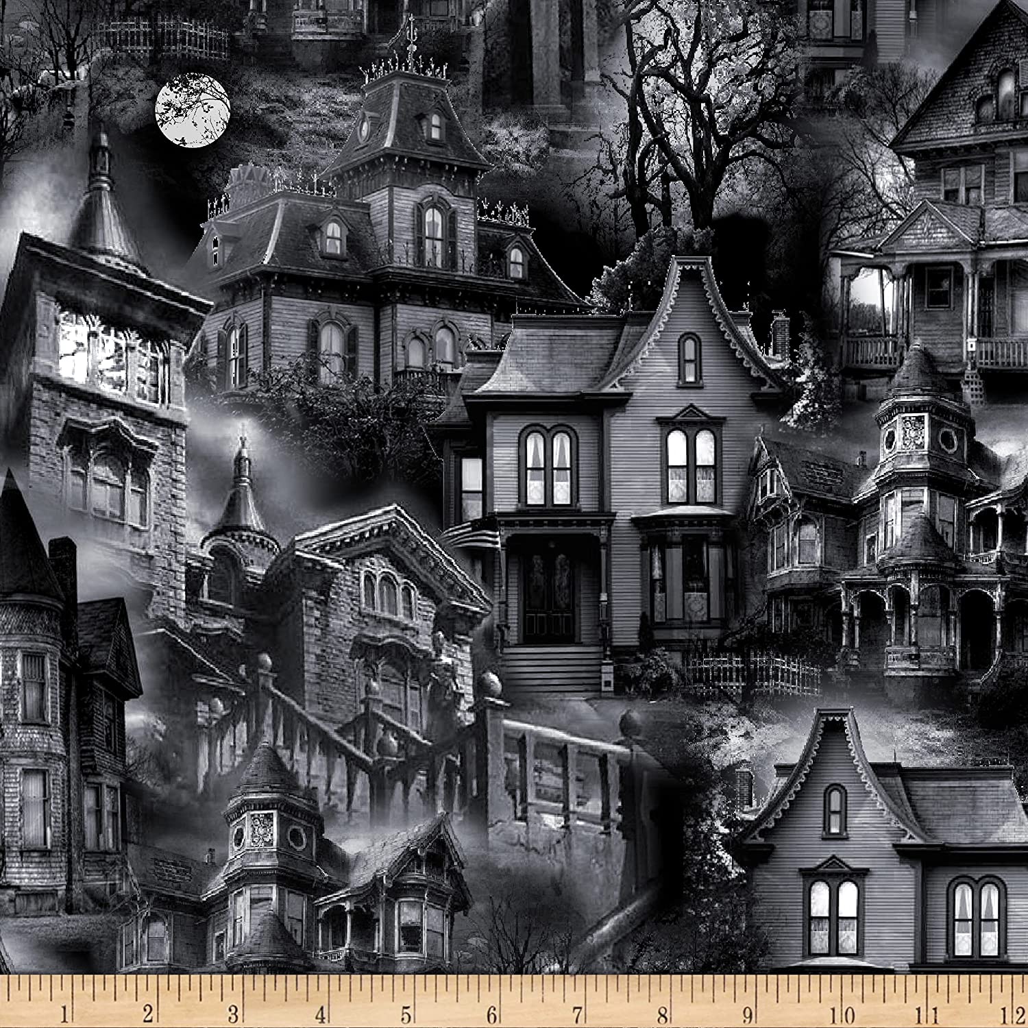 Wicked Eve Haunted Houses Halloween Black Timeless Treasures Cotton Fabric TT-C8640 Black