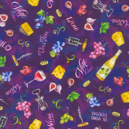 Wine Club Tossed Wine Motif Grape Purple Elena Vladykina Robert Kaufman Cotton Fabric RK-AHVD-22091-18