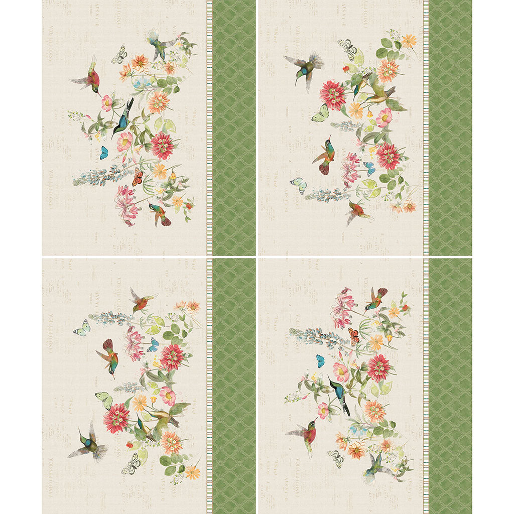 Hummingbird Days Digital 36" Fat Qtr Panel Light Khaki quilting cotton fabric by Kate Pertiet for Clothworks