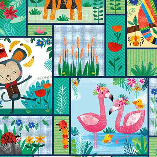 Zoo Crew Patchwork Teal Blue Lindsey Sagar Blank Quilting Cotton Fabric