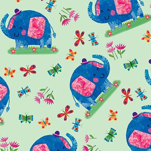 Zoo Crew Tossed Elephants Sage Green Lindsey Sagar Blank Quilting Cotton Fabric