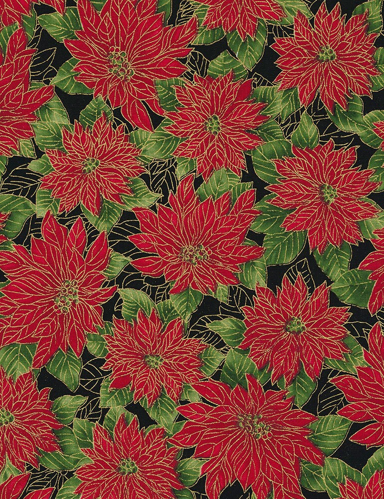LAST CALL Merry and Bright - Christmas Xmas Poinsettia on Black Fabric, Timeless Treasures Holiday-CM7063 Black