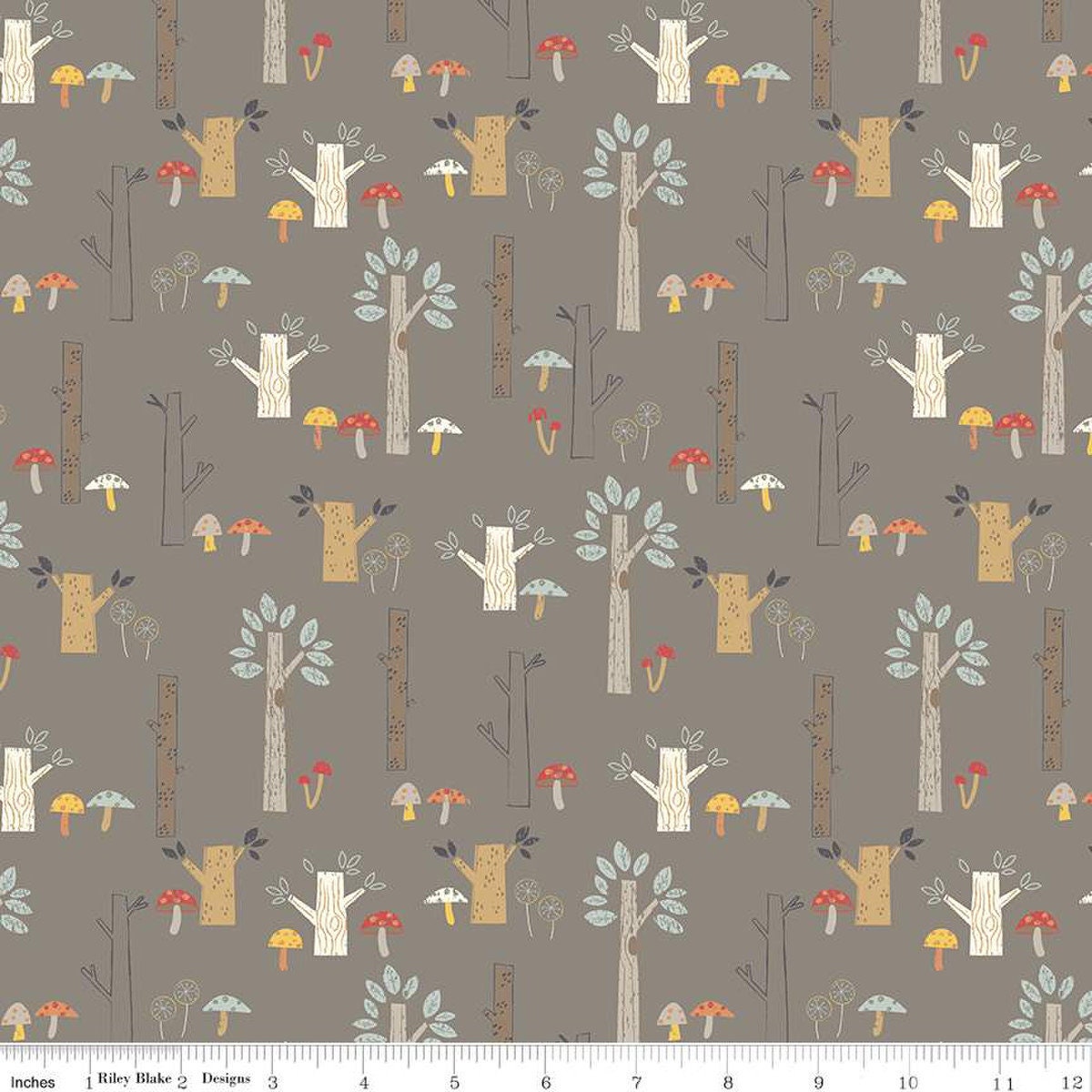 17" End of Bolt - SALE FLANNEL Trees F12009 Pebble - Riley Blake Designs - Plants Mushrooms Brown - FLANNEL Cotton Fabric