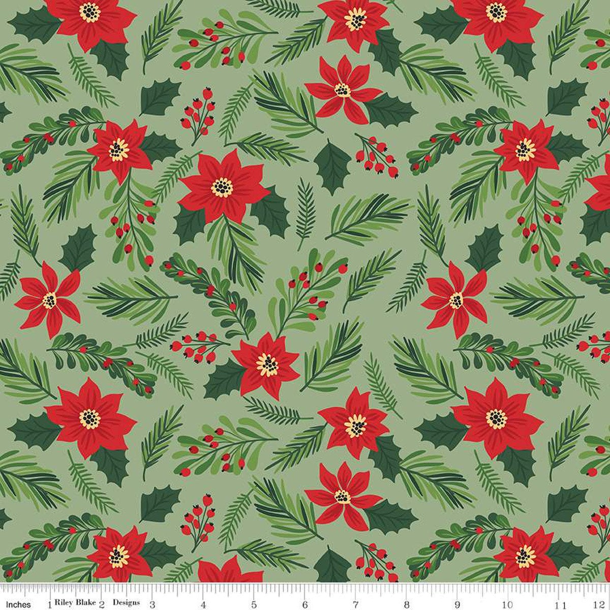 21" End of Bolt - The Magic of Christmas Main C13640 Leaf - Riley Blake - Floral Flowers Poinsettias Leaves Berries - Quilting Cotton Fabric