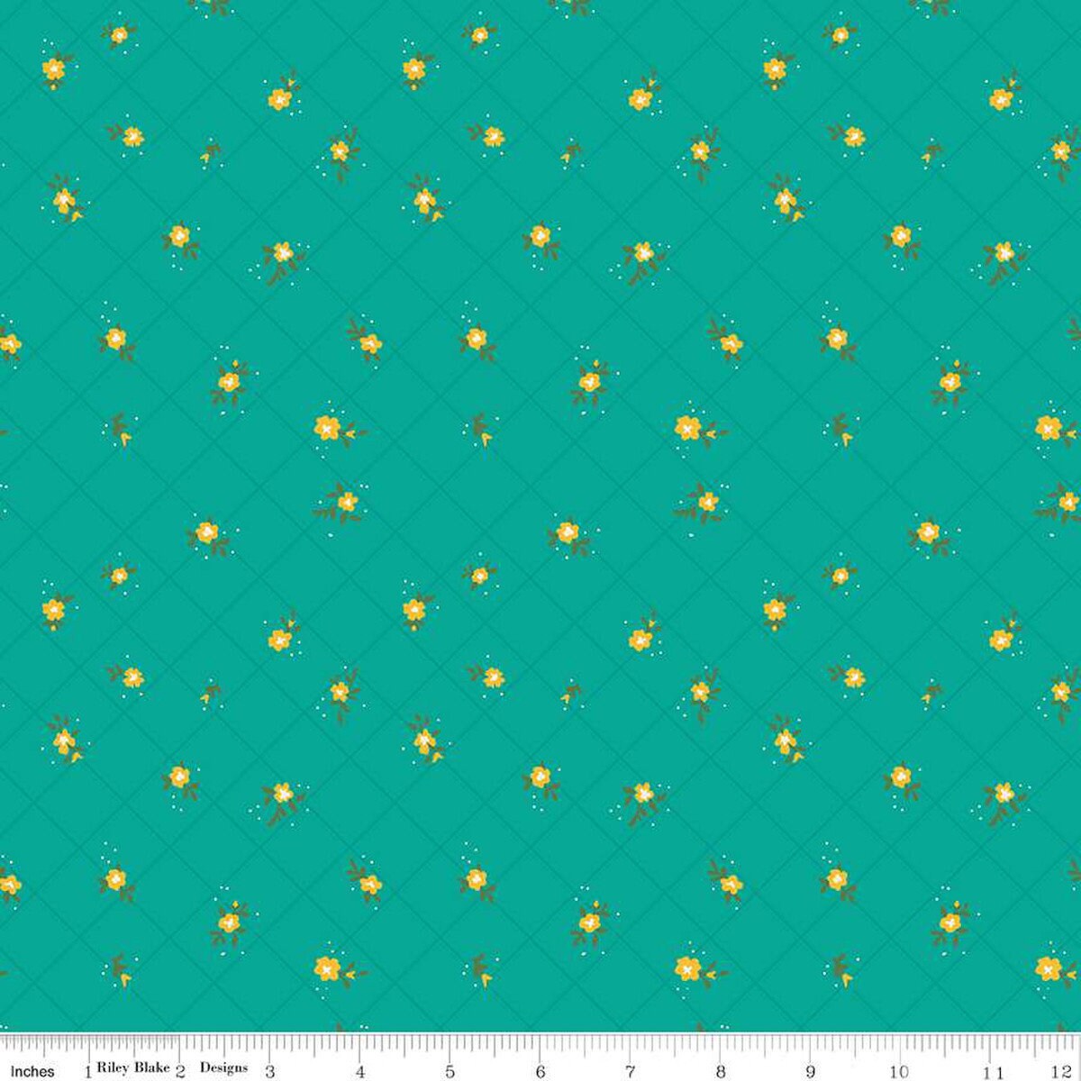 24" End of Bolt - Market Street Flower Grid C14128 Teal - Riley Blake - Floral Flowers Blossoms Dots Diagonal Grid - Quilting Cotton Fabric