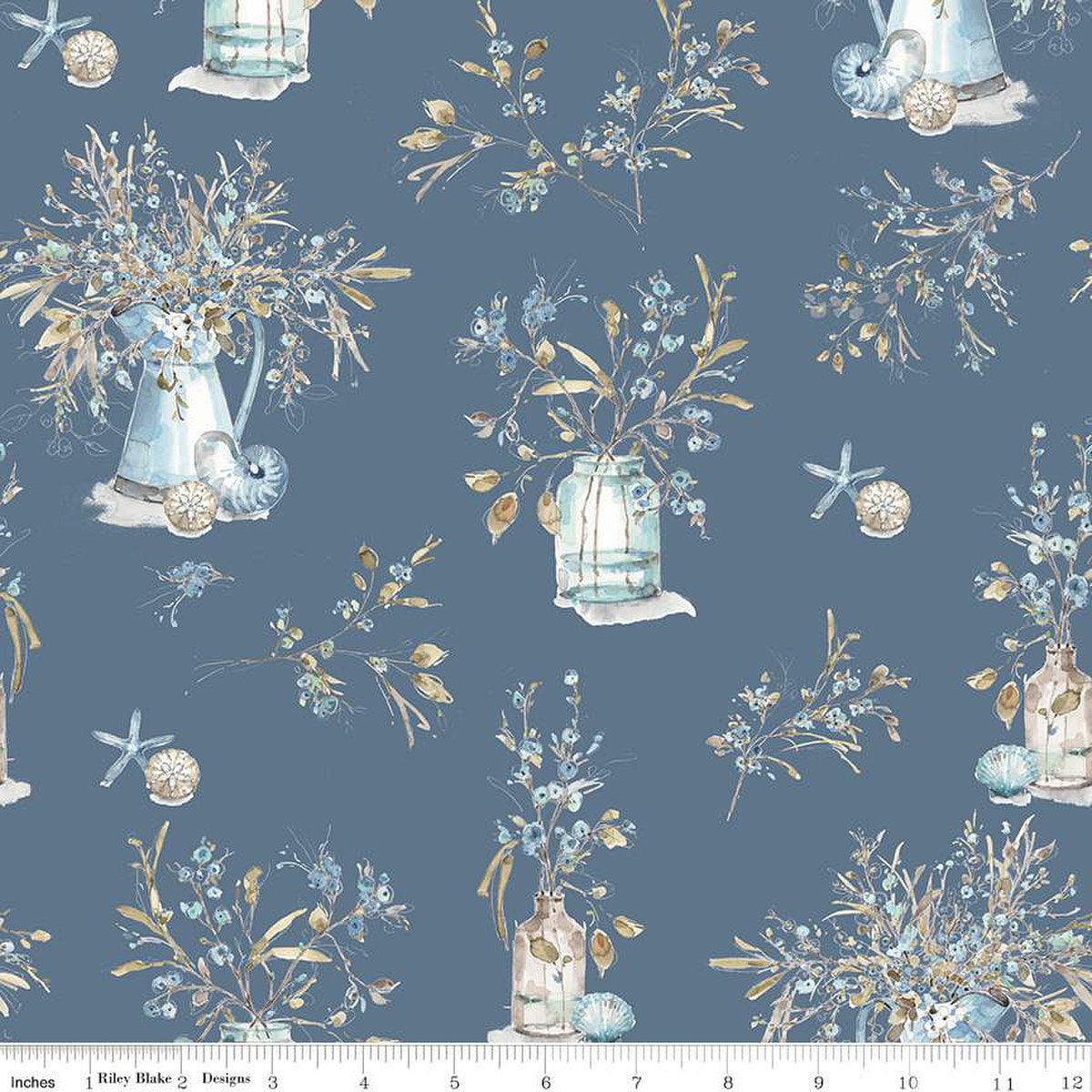 15" End of Bolt - Blue Escape Coastal Main C14510 Colonial by Riley Blake Designs - Floral Flowers Jars Pitchers Seashells - Quilting Cotton
