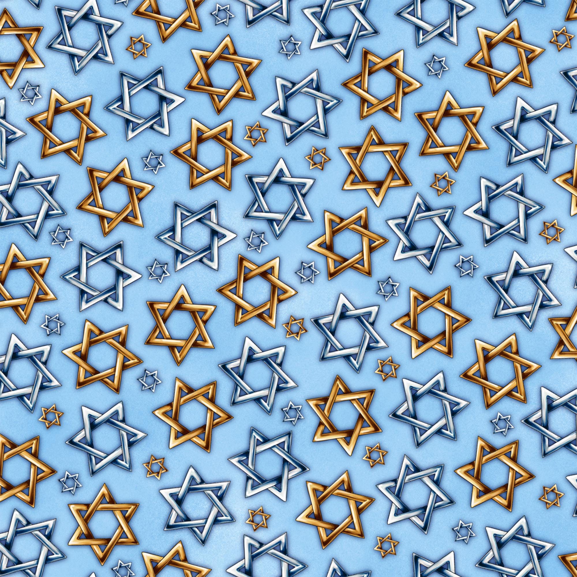 Fat Quarter End of Bolt - SALE Hanukkah Festival Star of David Toss 30275 Blue B - by QT Fabrics - Quilting Cotton Fabric