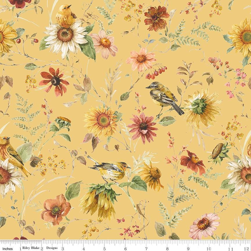 108" Sunflower Whispers - Botanical Floral Birds on Yellow Wide Quilt Back Fabric, Riley Blake WB16676-YELLOW