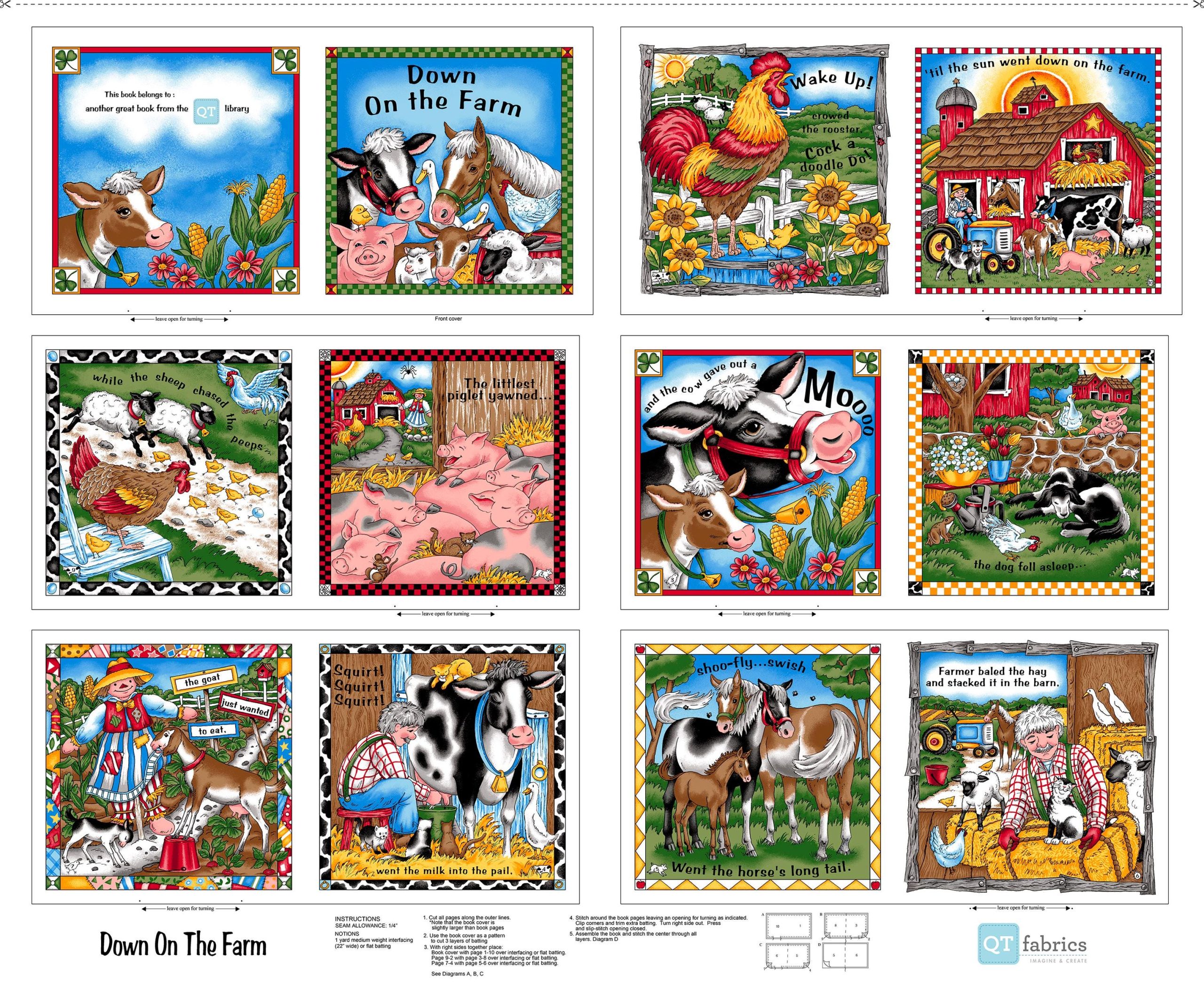 Fabric Books Down On The Farm Book Panel 26764 Multi X - by QT Fabrics - Animals Barn - Quilting Cotton Fabric