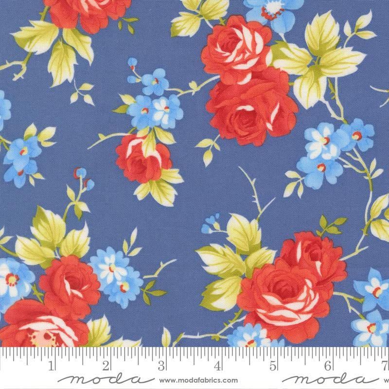 108" Rosie - Red Flowers on Blue Wide Quilt Back Fabric, Moda 108038 19 Denim Jeans