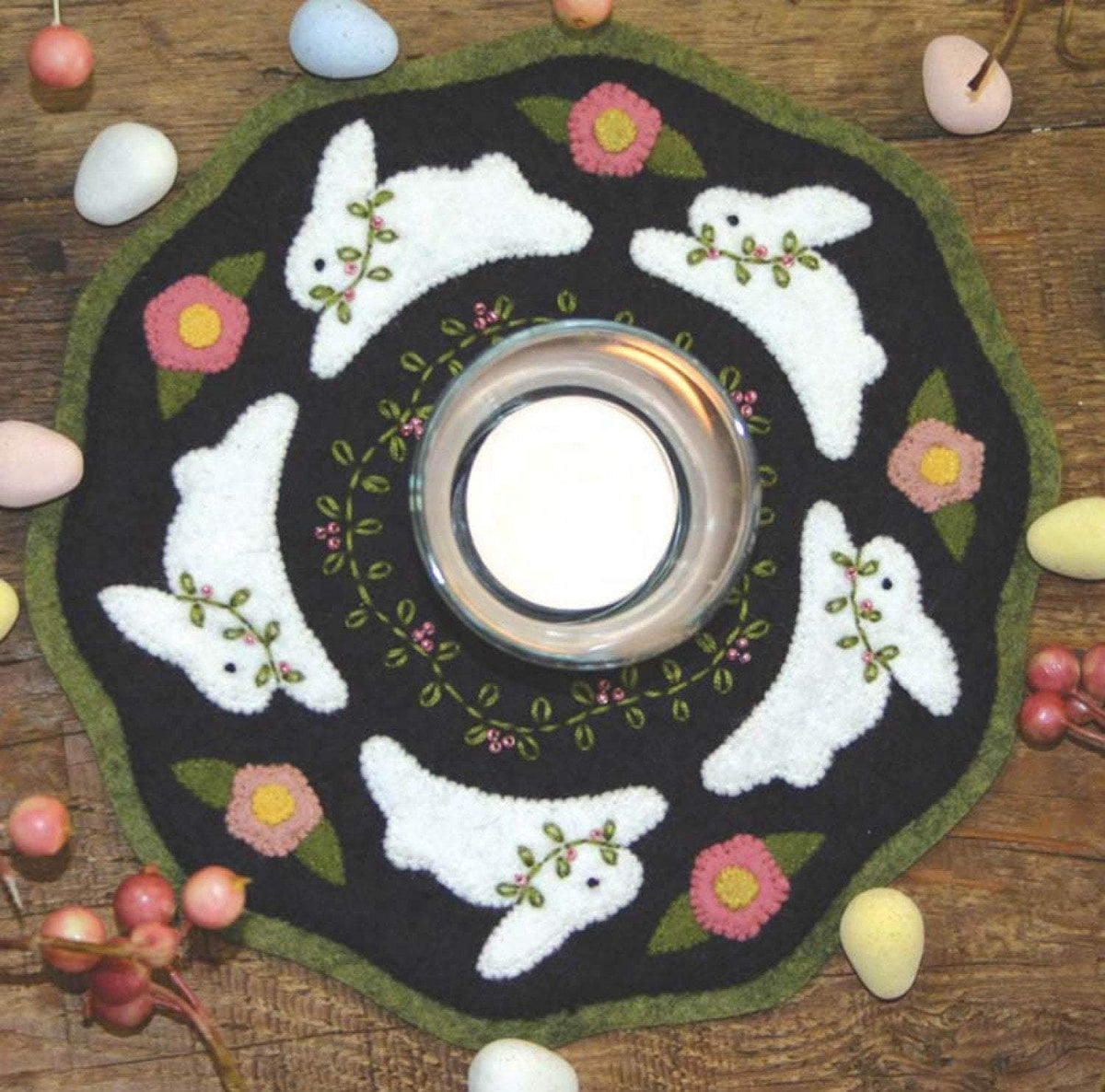 Little Stitchies Wool Felt PATTERN ONLY- Bunnies Candle Mat- Bareroots by Barri Sue Gaudet - - Primitive