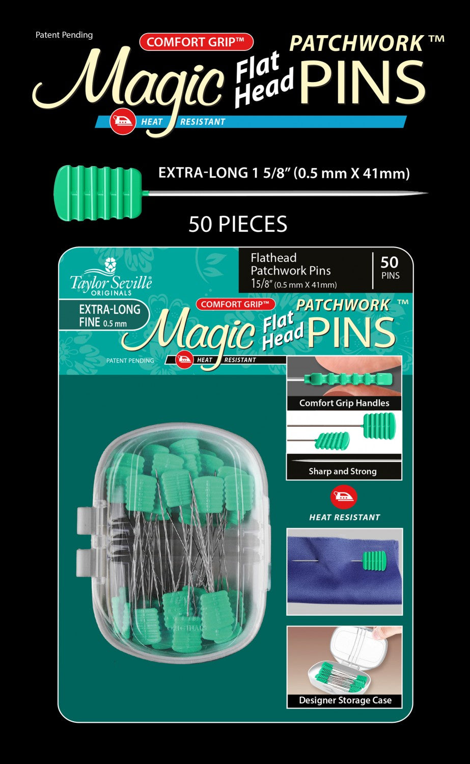 Taylor Seville Magic Flat Head Patchwork Pins 1 5/8in (50 ct)