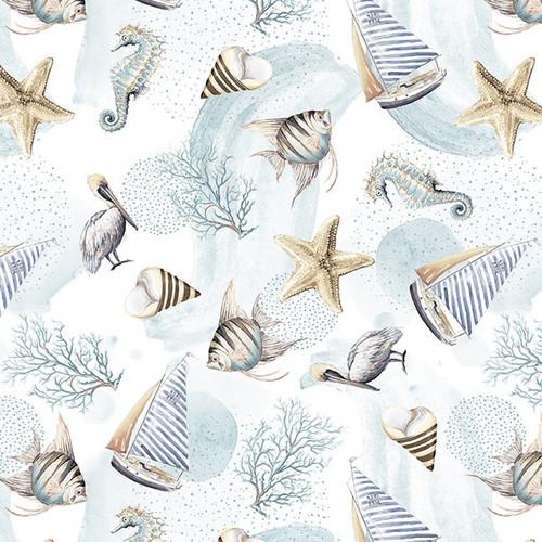 Ocean Oasis 3033-41 Ivory Sailboat Sea Life Fabric