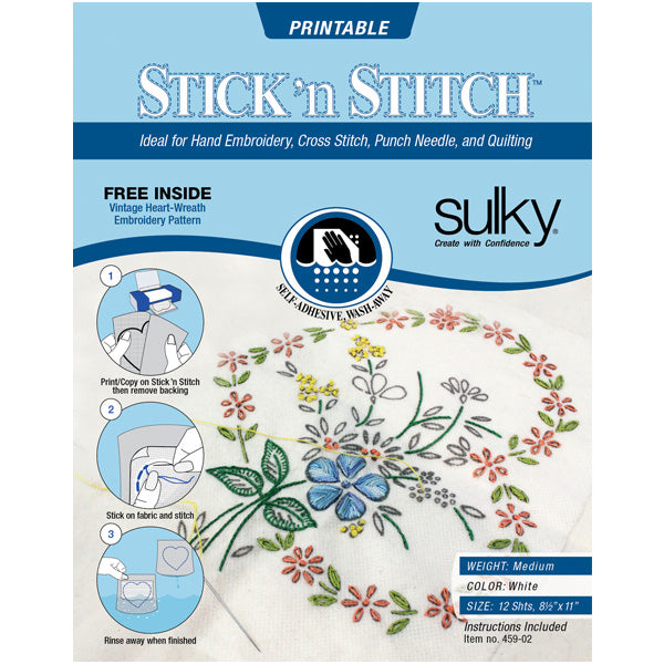 Sulky Stick n Stitch 8.5'' x 11'' Printable Sticky Embroidery Stabilizer Sheets 459-02
