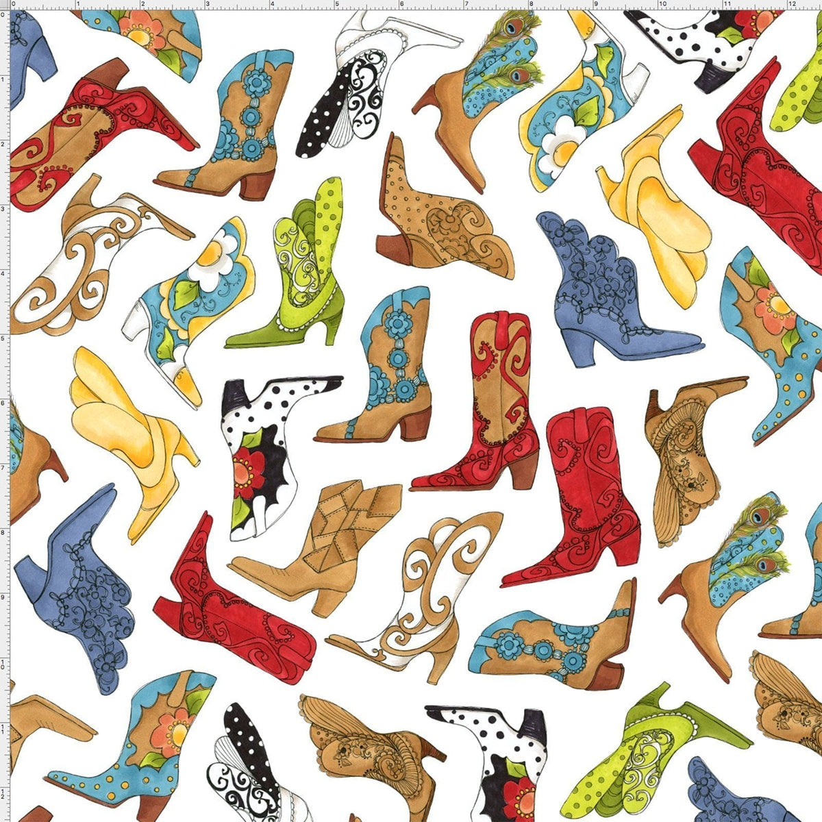 Whoa Girl! - Per Yard - Loralie Harris Designs - New collection by Loralie! Cowgirl, boots, ropes, yee haw! Tossed Boots on White 692-319